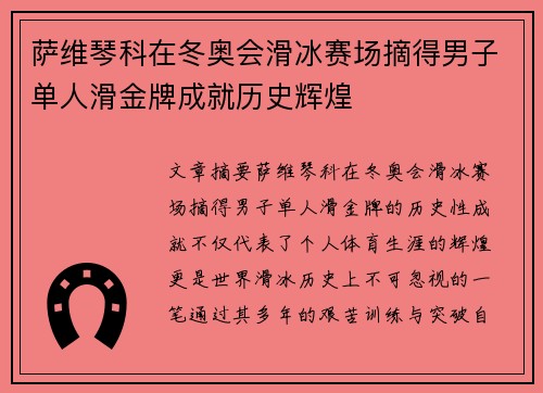 萨维琴科在冬奥会滑冰赛场摘得男子单人滑金牌成就历史辉煌