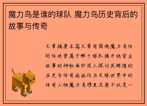 魔力鸟是谁的球队 魔力鸟历史背后的故事与传奇