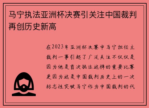 马宁执法亚洲杯决赛引关注中国裁判再创历史新高
